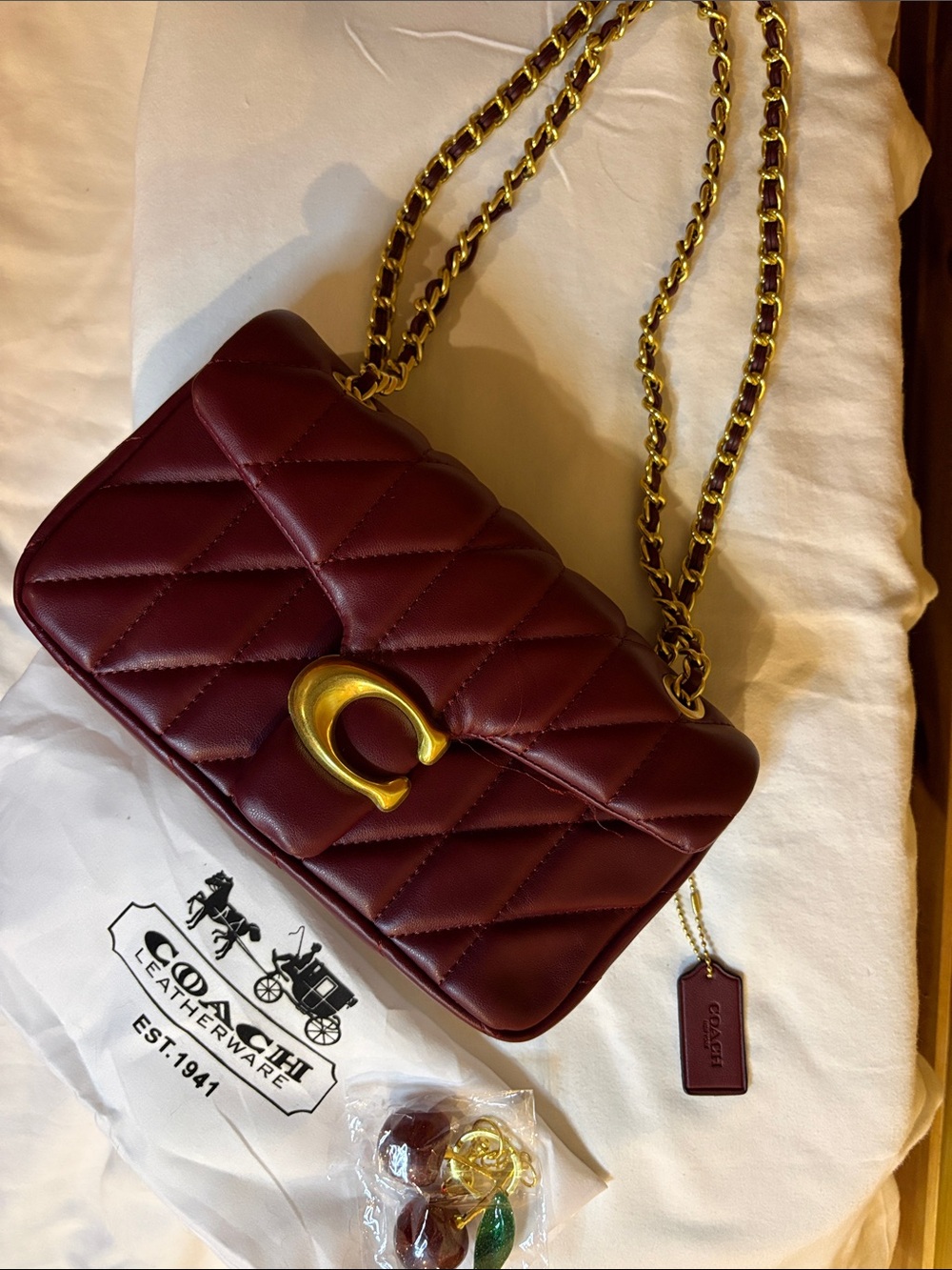 Coach Quilted Shoulder Bag in Burgundy with Gold Hardware